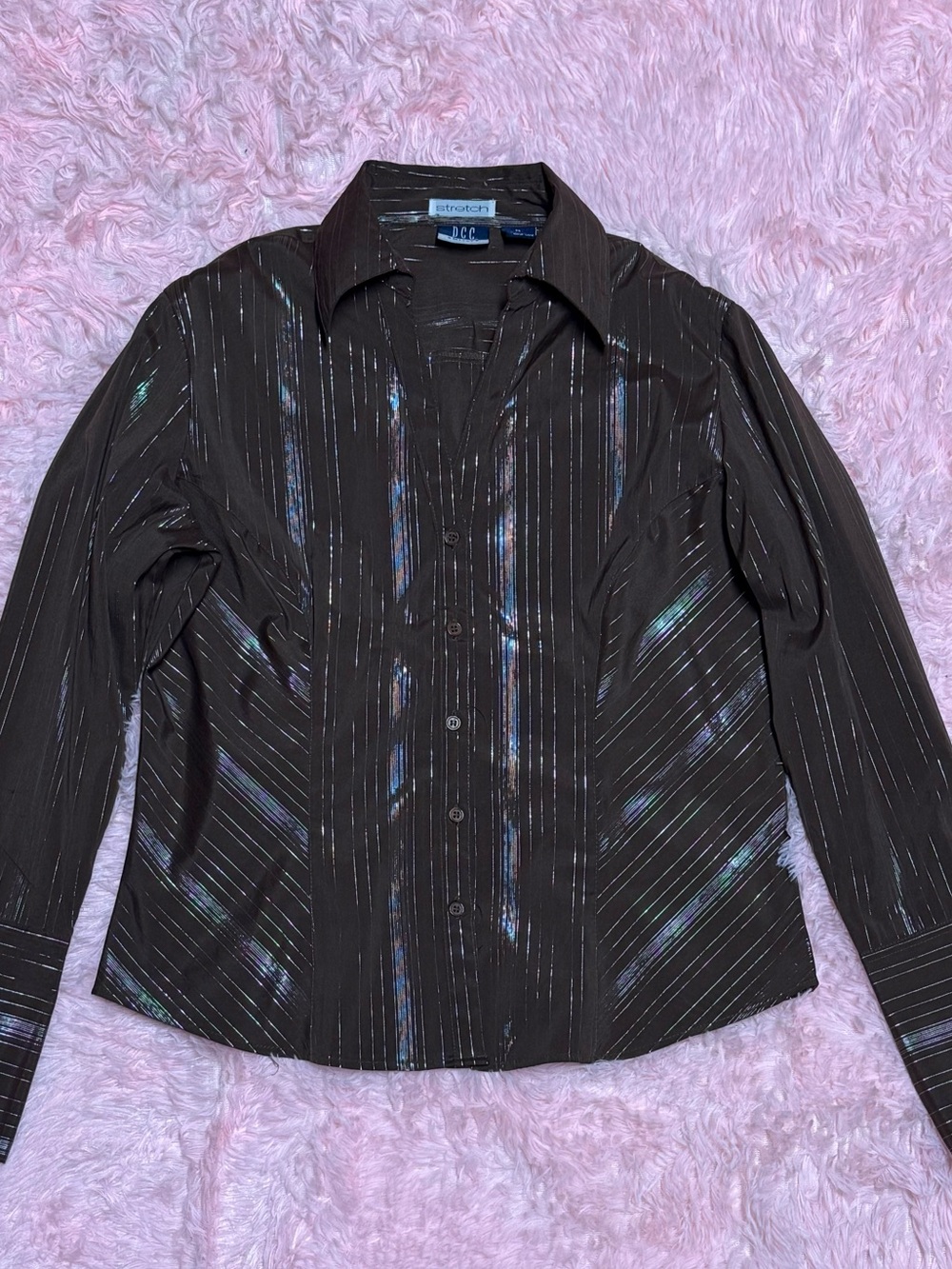 Y2K DCC Missy Metallic Iridescent Pinstripe Stretch Button Down Shirt M
